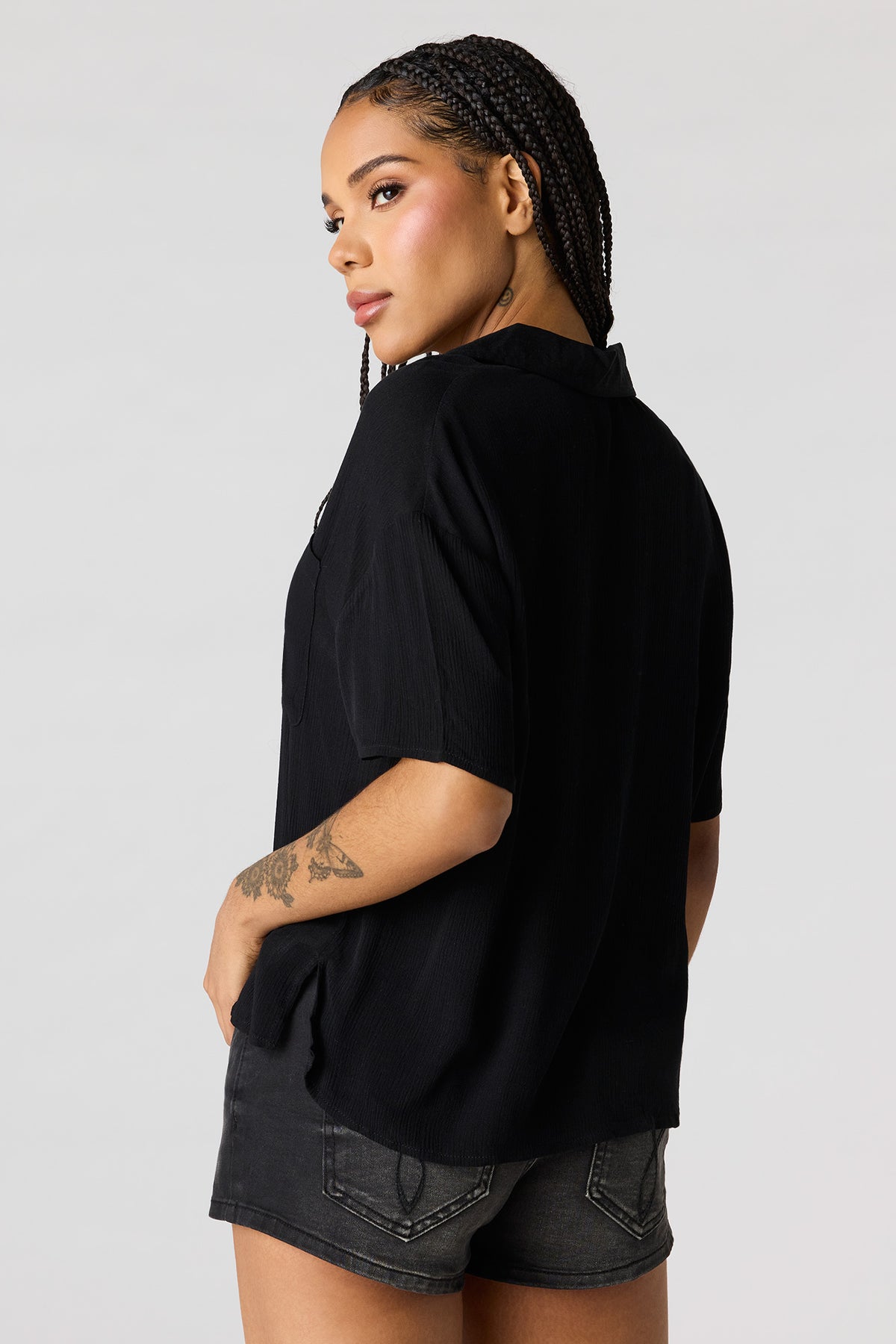 Alt View 2. Textured Button-Up Short Sleeve Top - Black