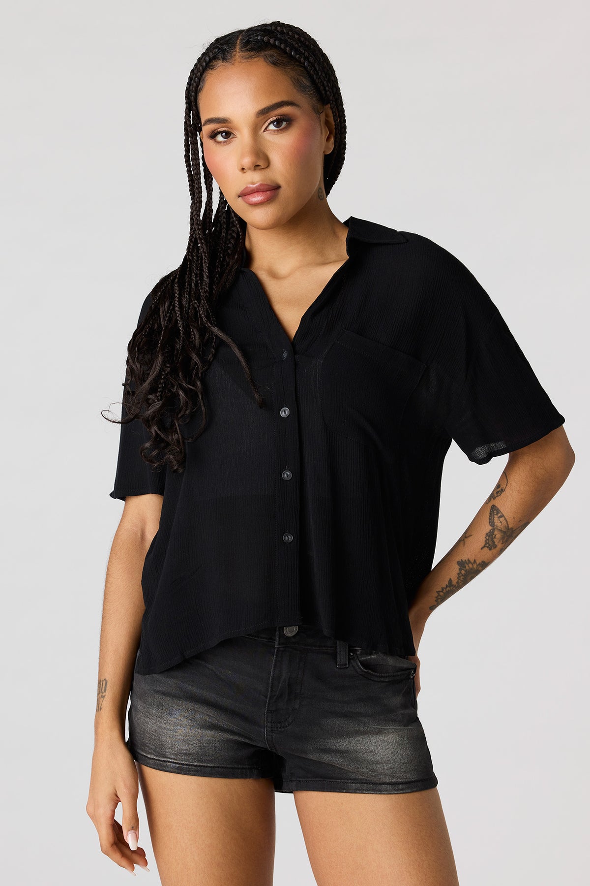 Textured Button-Up Short Sleeve Top - Black