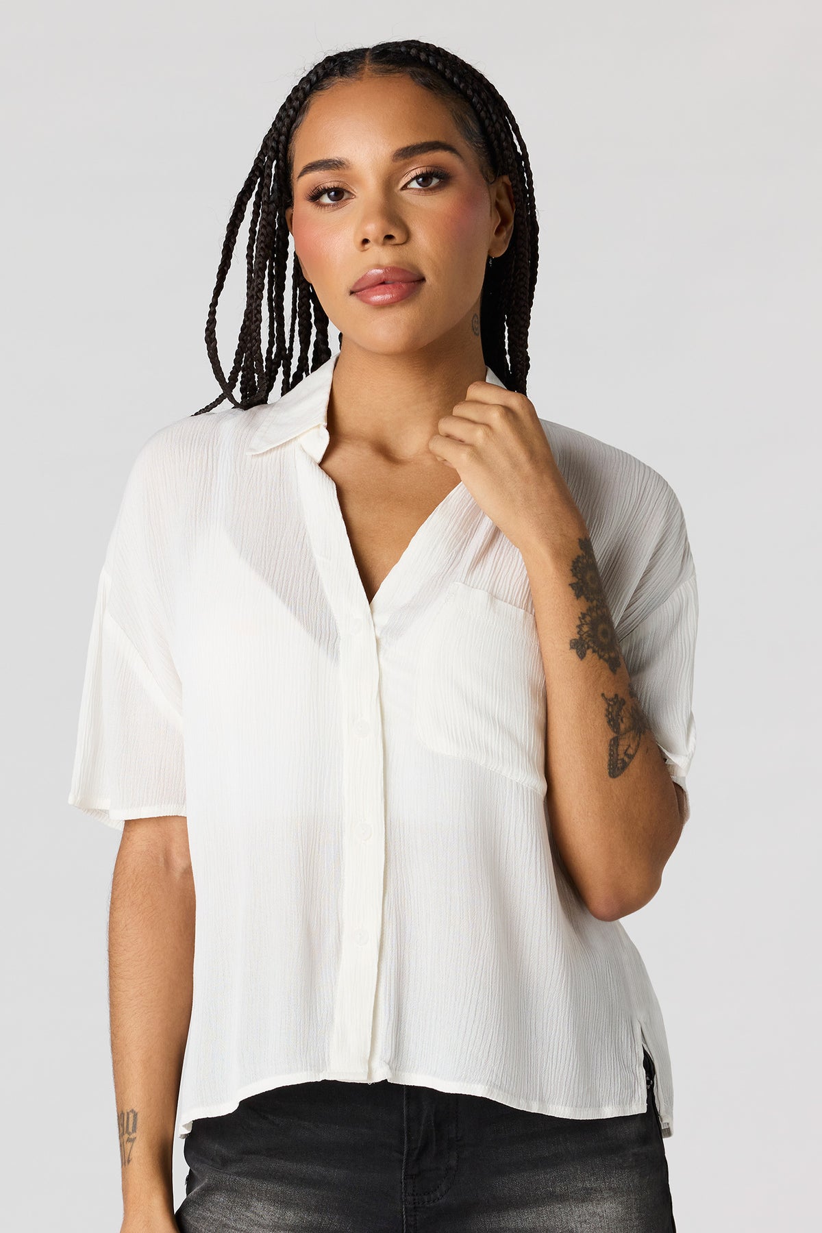 Textured Button-Up Short Sleeve Top - White