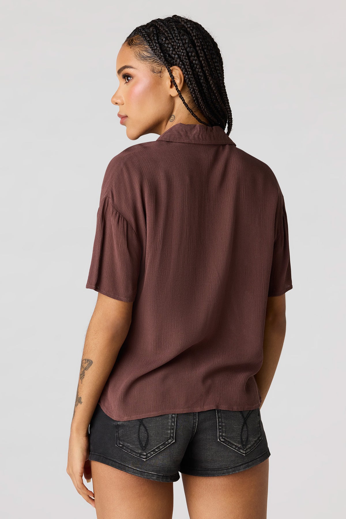 Alt View 2. Textured Button-Up Short Sleeve Top - Brown