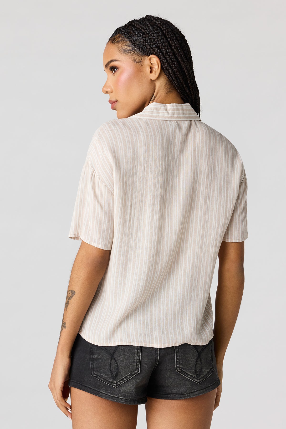 Alt View 2. Textured Button-Up Short Sleeve Top - Beige