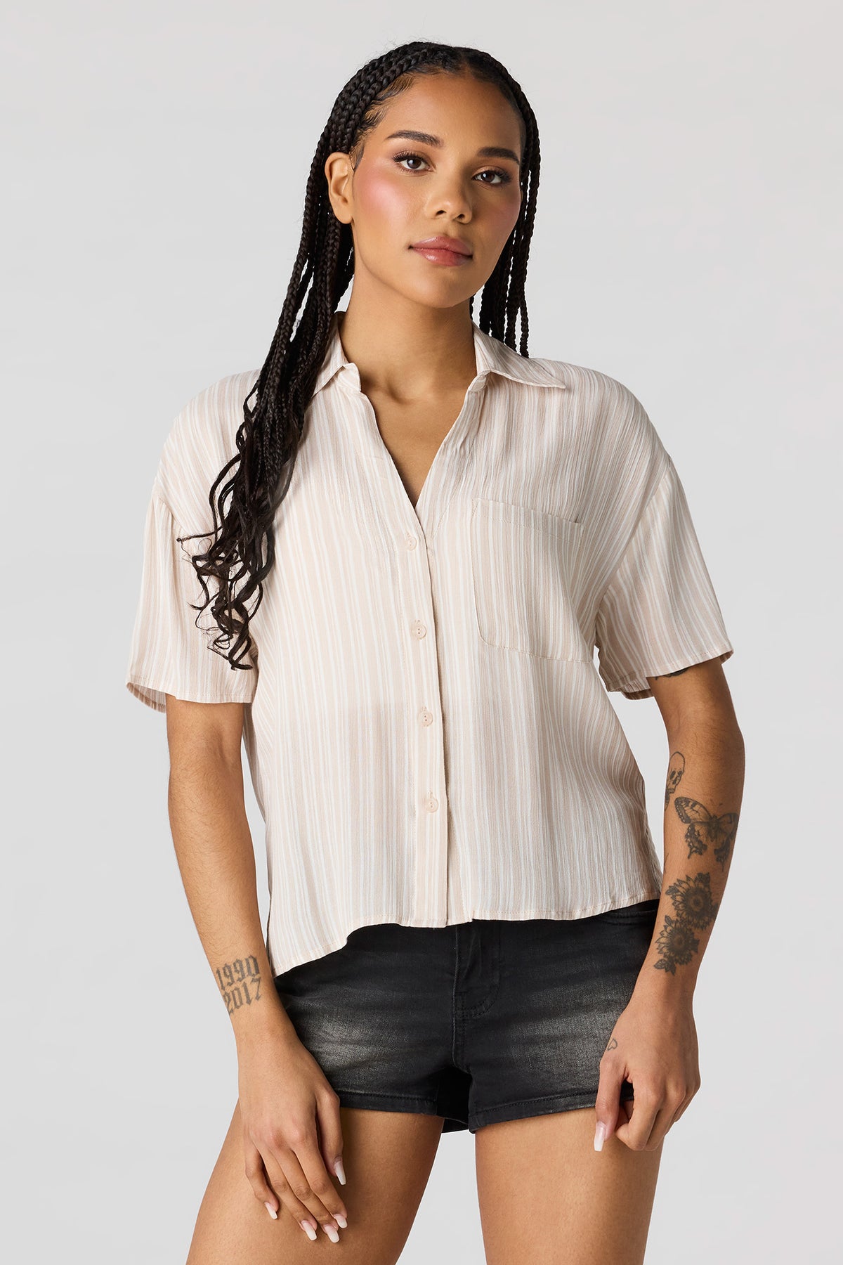 Textured Button-Up Short Sleeve Top - Beige