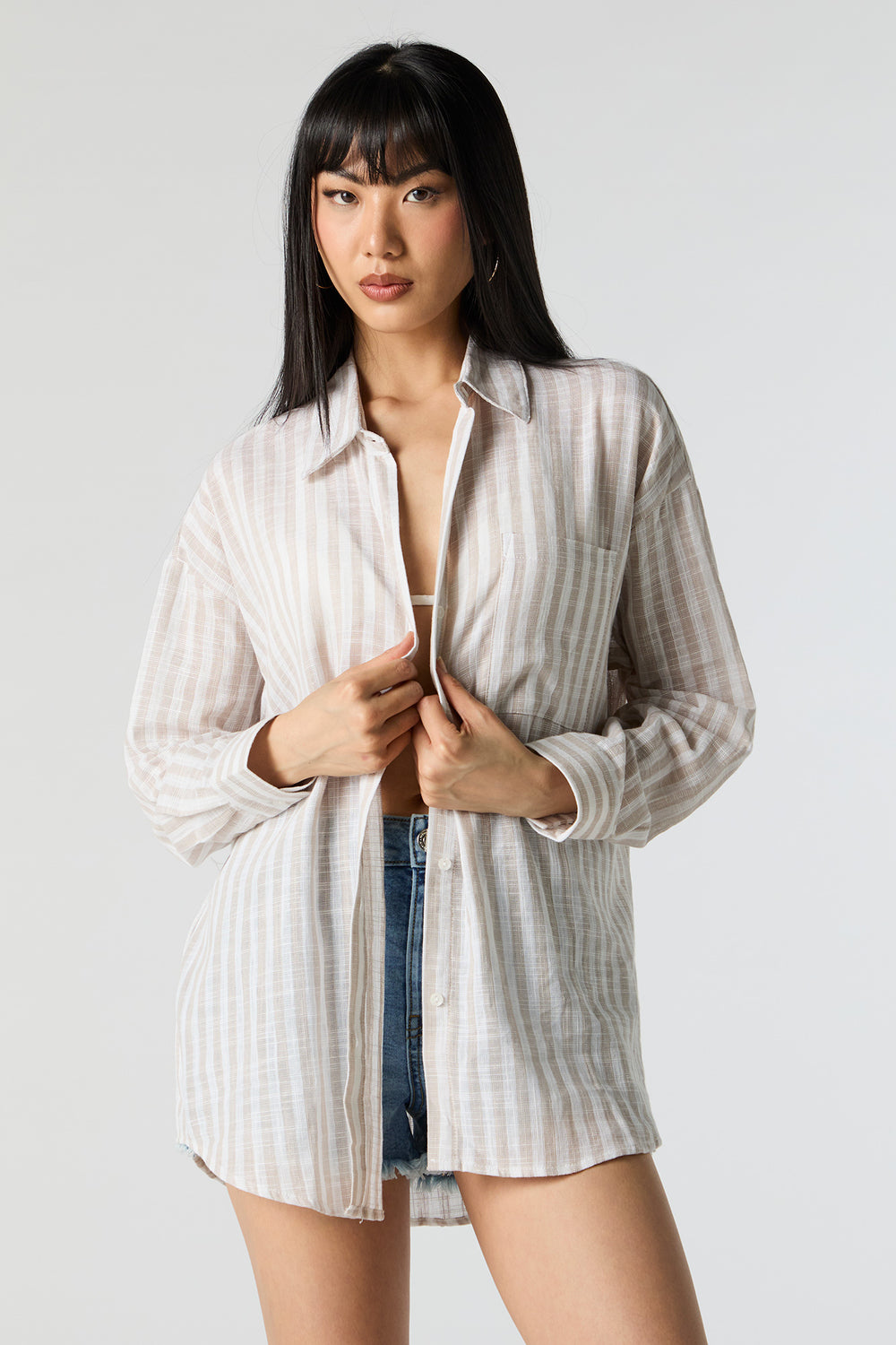 Striped Oversized Textured Button-Up Top Striped Oversized Textured Button-Up Top 1