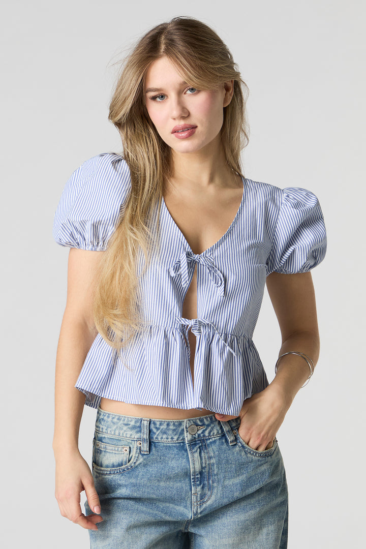 Poplin Ribbon Front Puff Sleeve Top