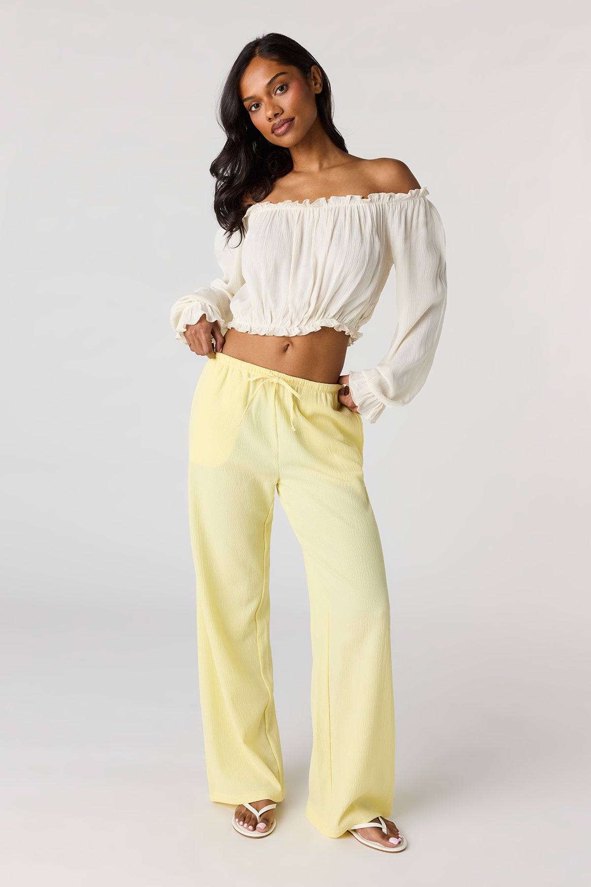 Alt View 3. Textured Off Shoulder Long Sleeve Top - Ivory