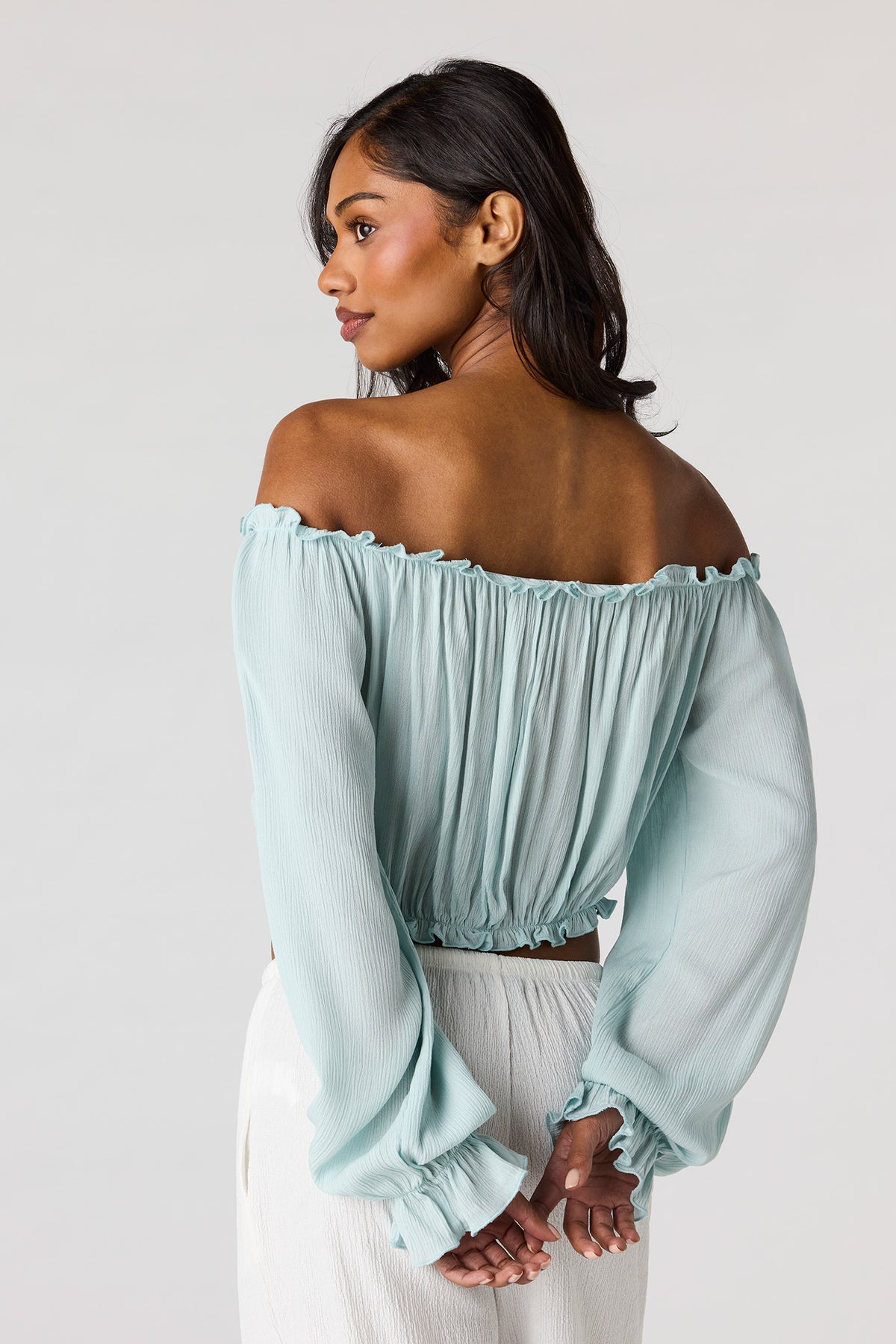 Alt View 2. Textured Off Shoulder Long Sleeve Top - Baby Blue