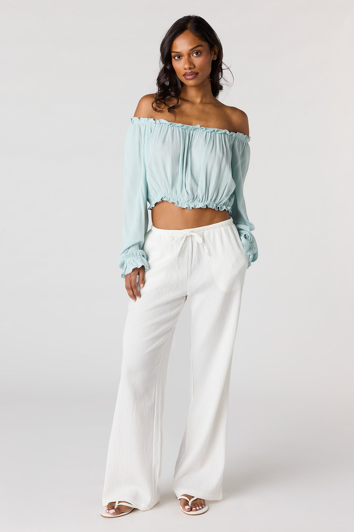 Alt View 3. Textured Off Shoulder Long Sleeve Top - Baby Blue