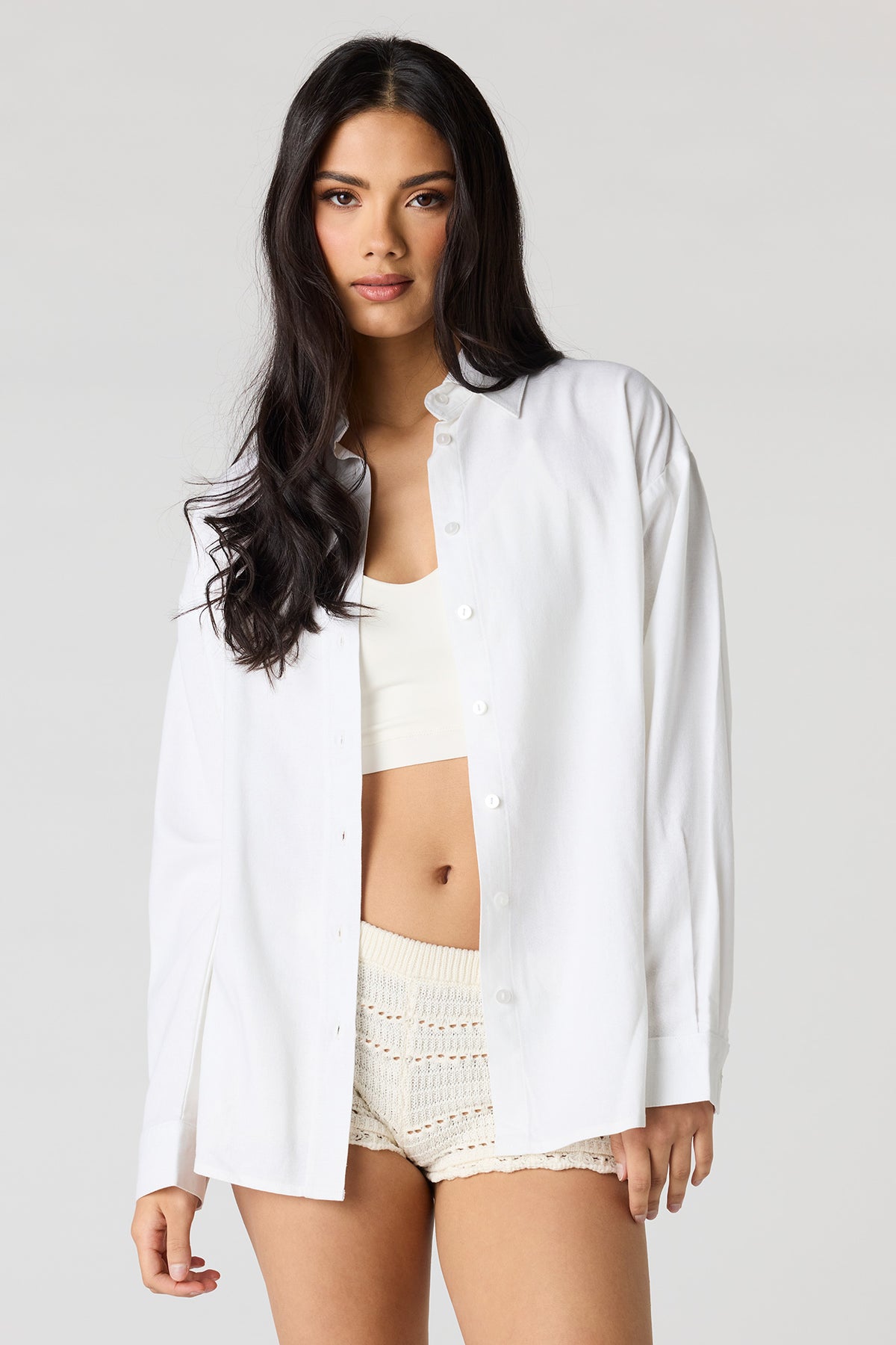 Linen-Blend Long Sleeve Button-Up Top - White