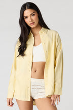 Linen-Blend Long Sleeve Button-Up Top