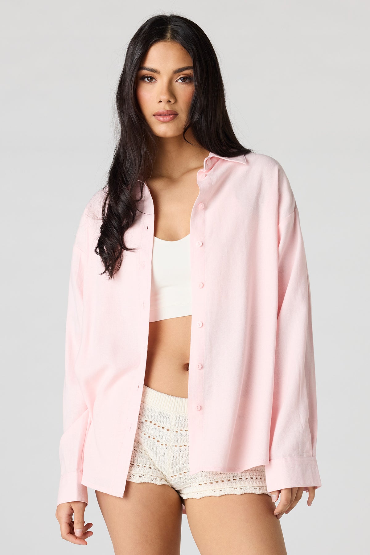 Linen-Blend Long Sleeve Button-Up Top - Light Pink