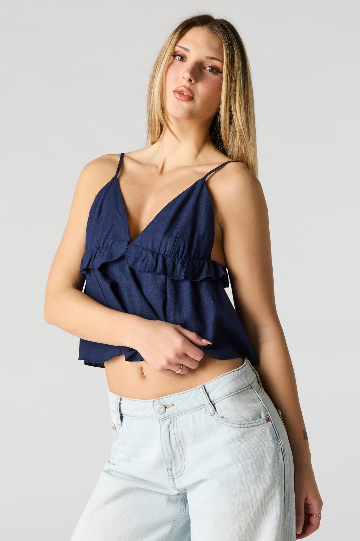 Linen-Blend Babydoll Tank - Royal Blue