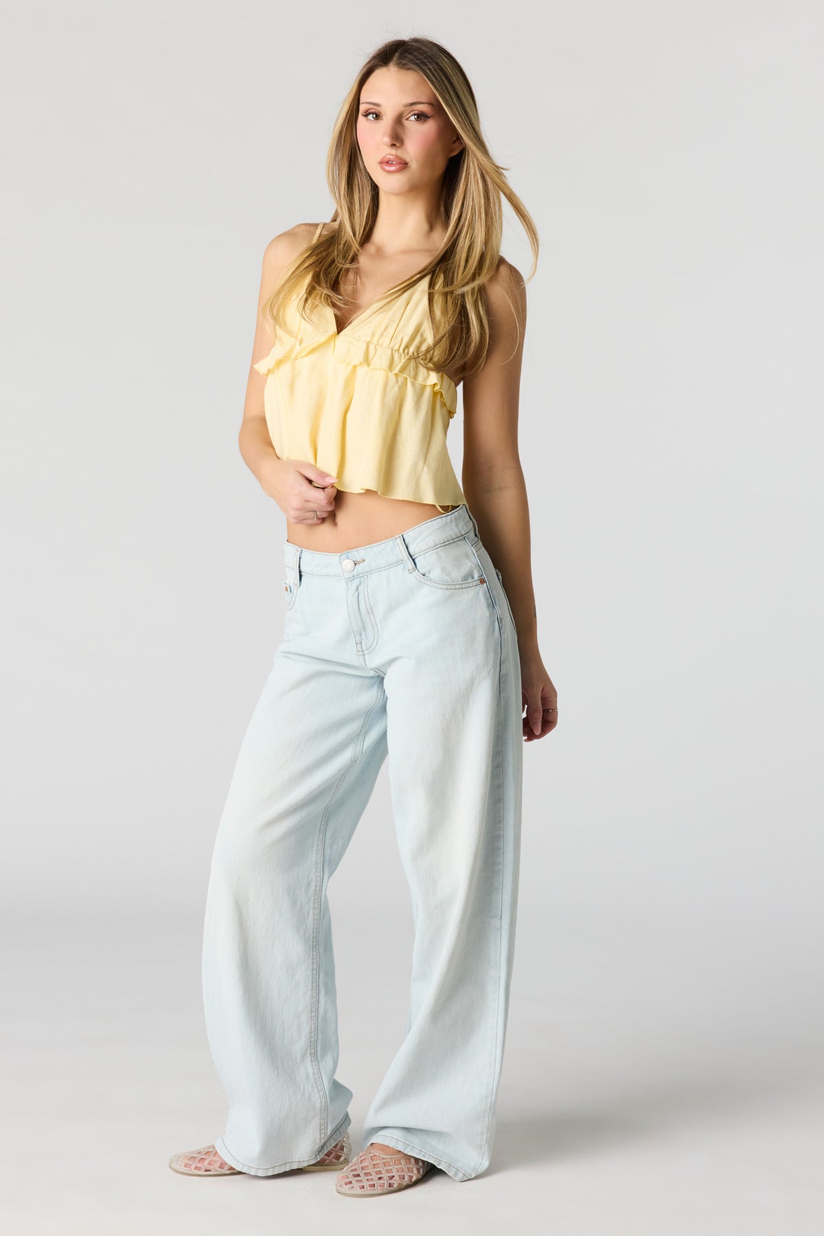 Alt View 3. Linen-Blend Babydoll Tank - Pale Yellow