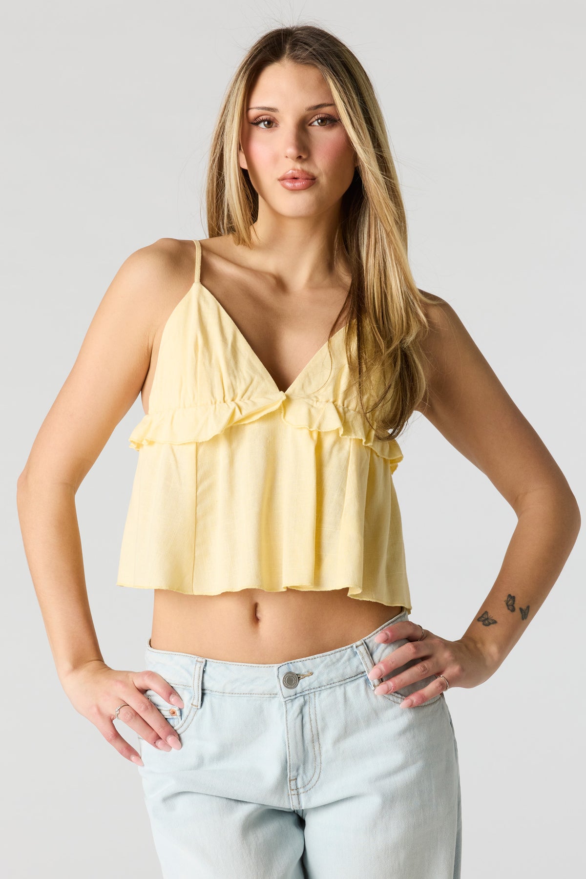 Linen-Blend Babydoll Tank - Pale Yellow