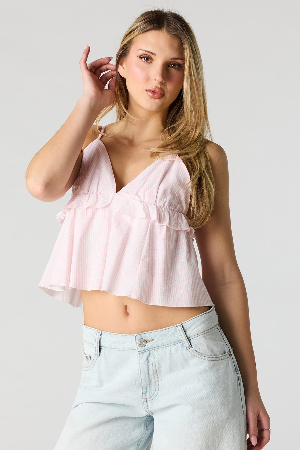 Linen-Blend Babydoll Tank - Pink
