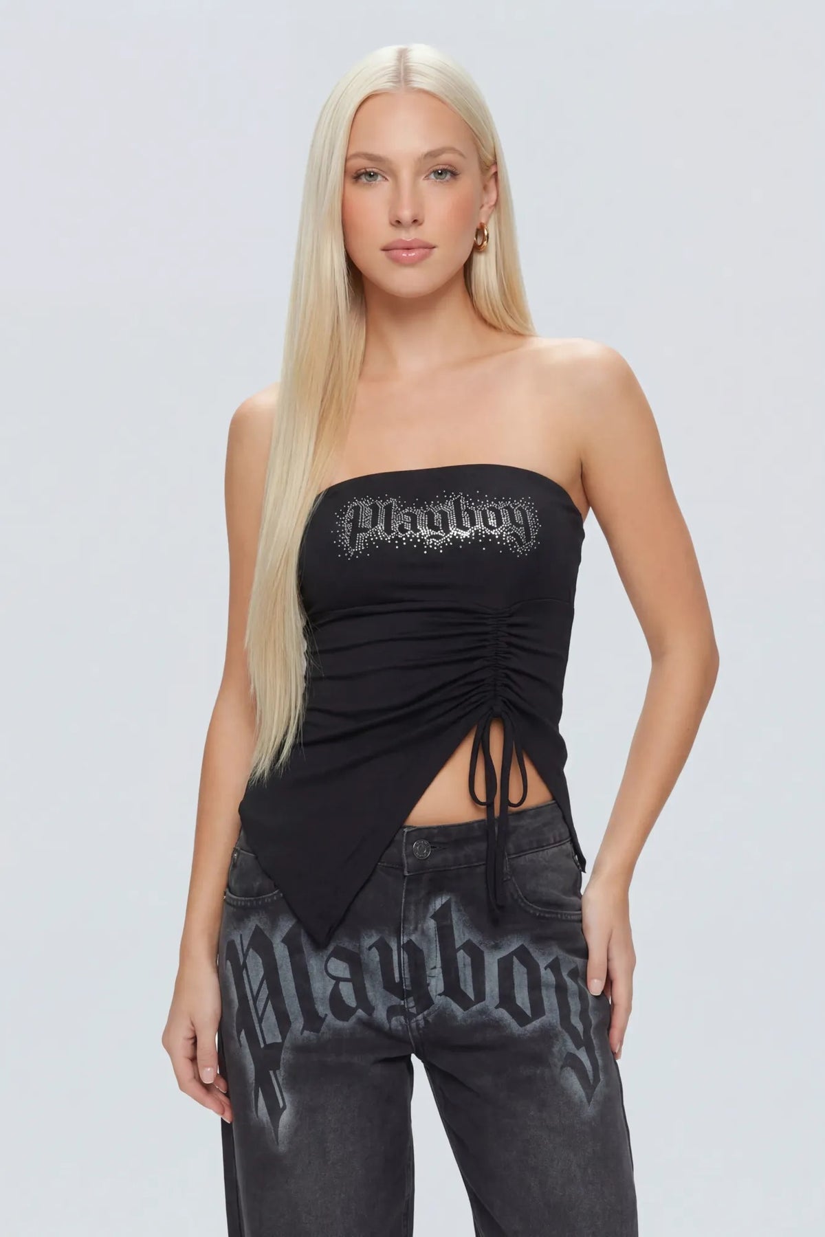 Playboy Contour Rhinestone Cinched Tube Top - Black