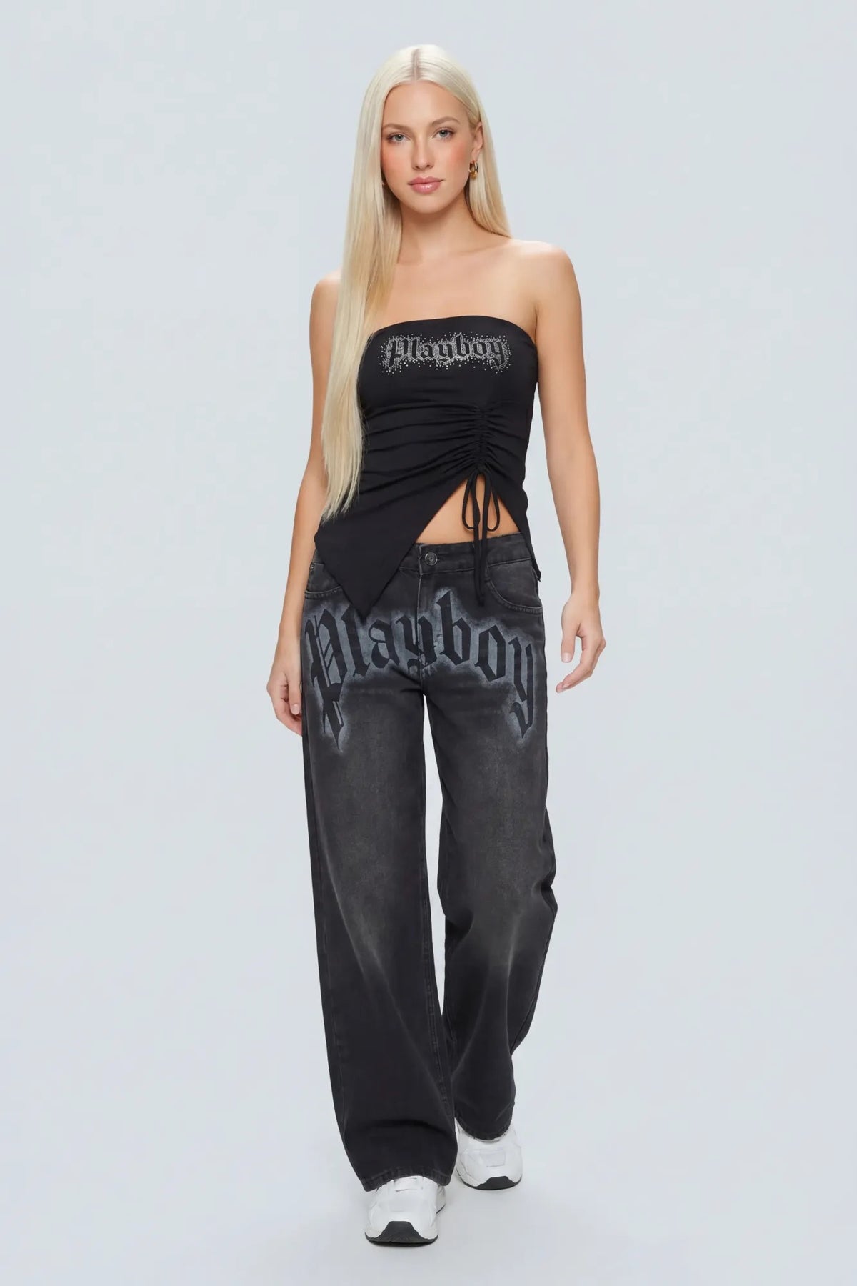 Alt View 2. Playboy Contour Rhinestone Cinched Tube Top - Black