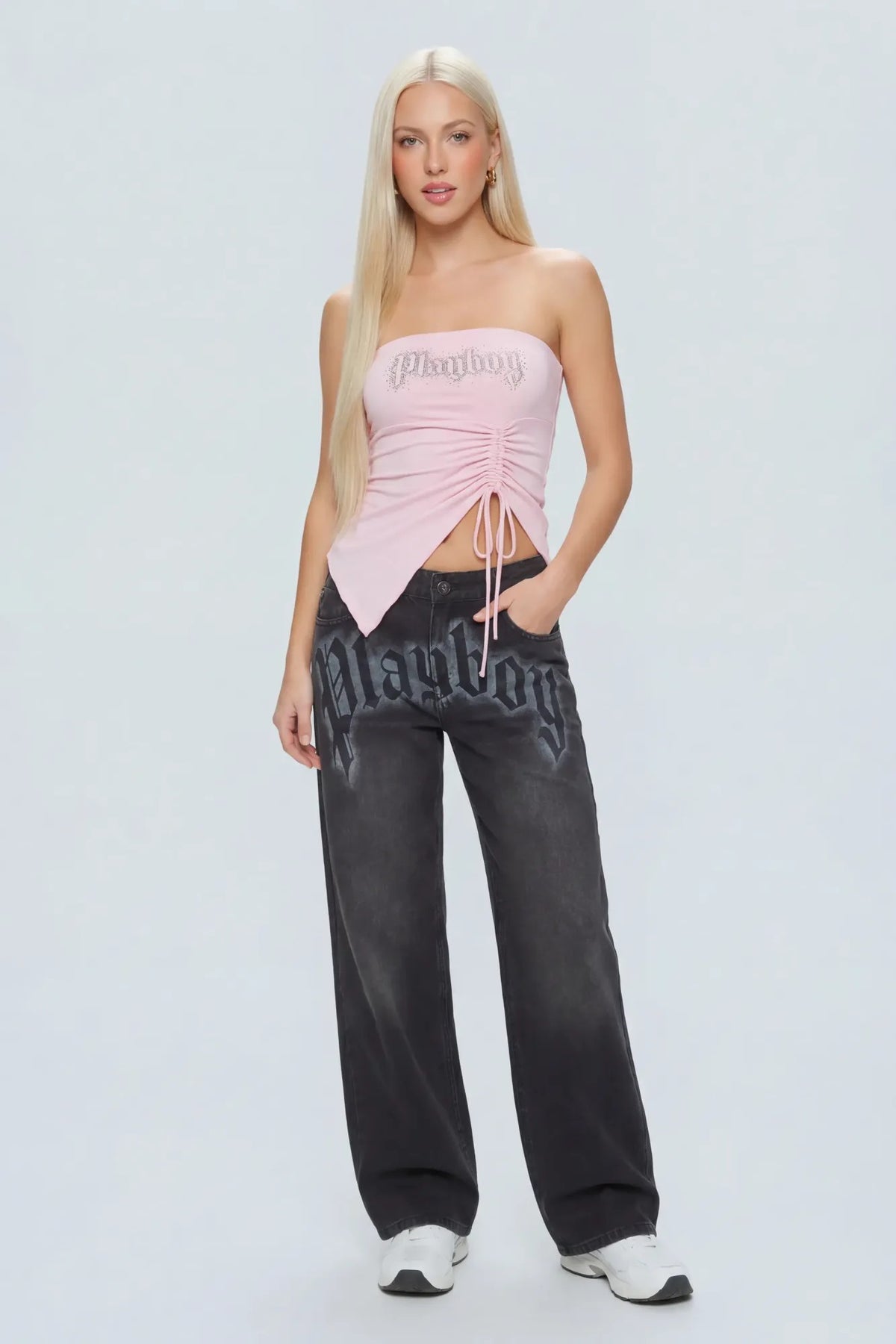 Alt View 2. Playboy Contour Rhinestone Cinched Tube Top - Light Pink
