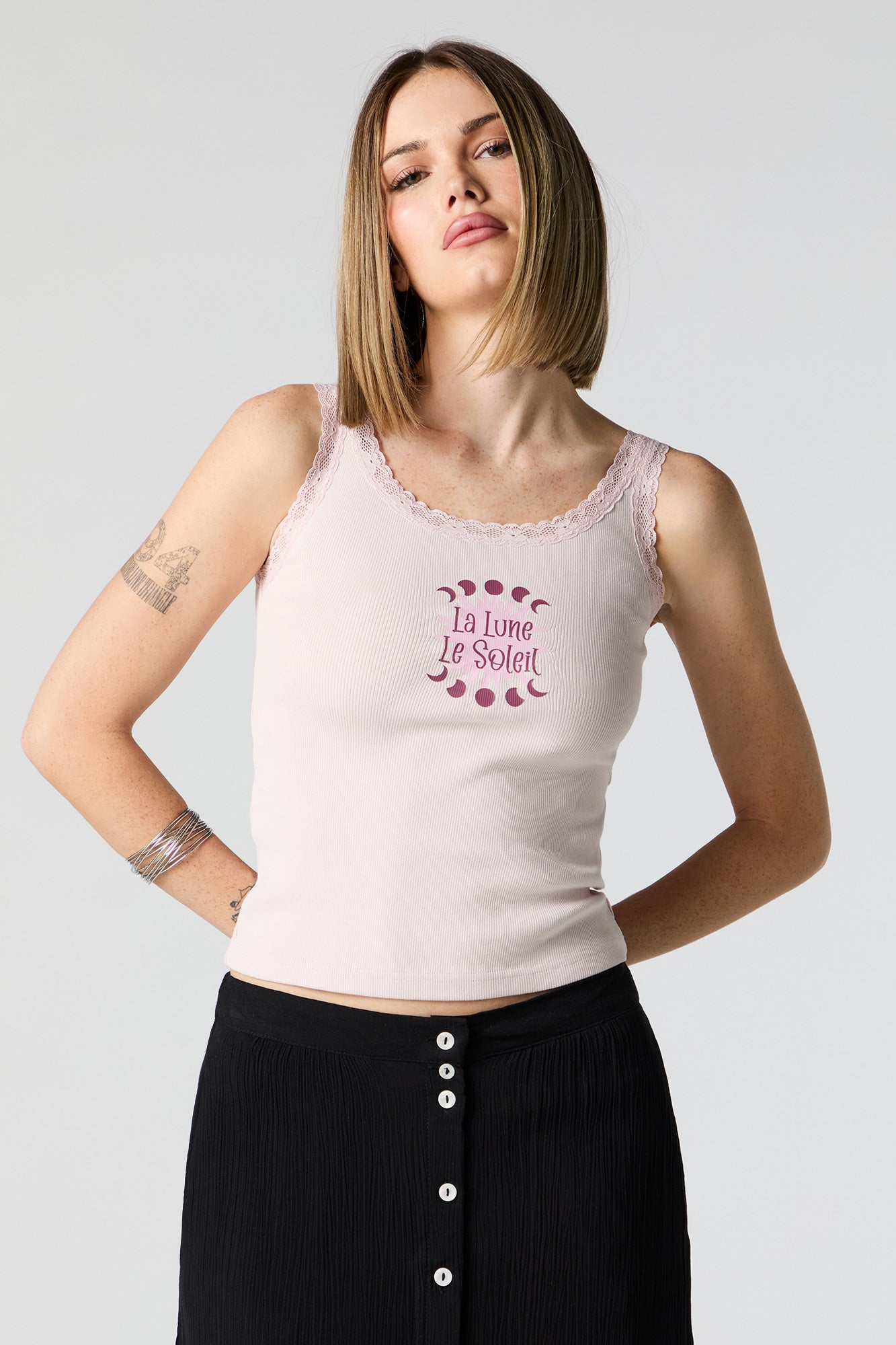 La Lune Le Soleil Graphic Lace Trim Tank