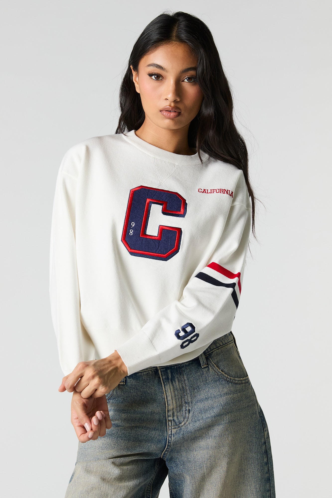 Twill Embroidered Striped Sleeve Knit Sweater