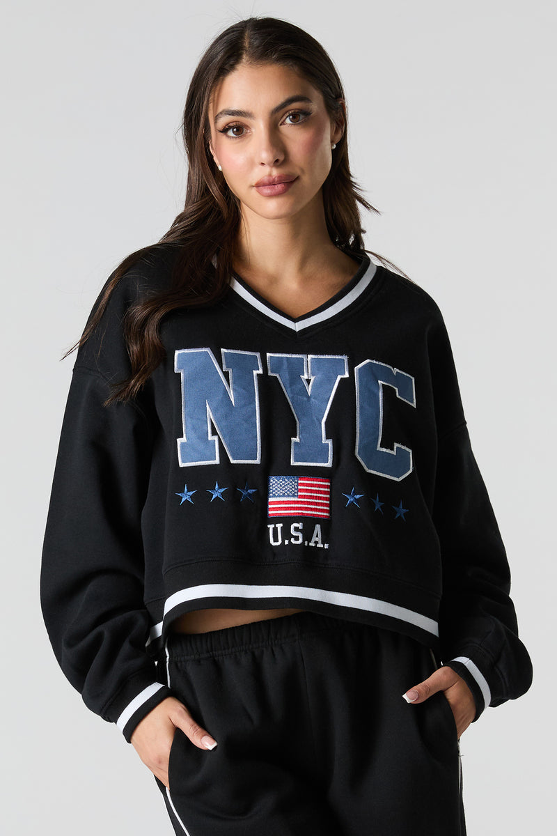 Embroidered V-Neck Contrast Striped Fleece Sweatshirt