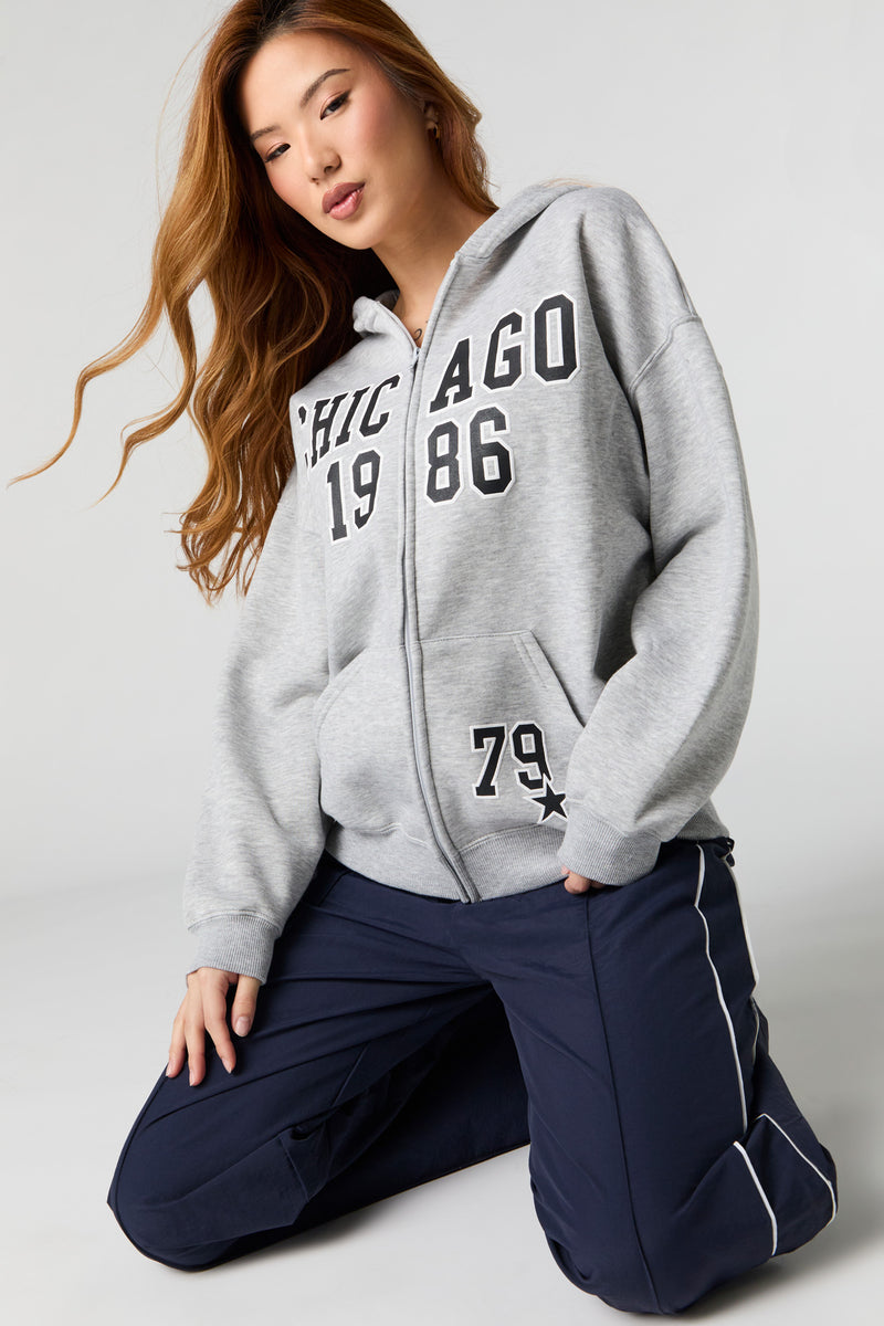 Oversized Printed Zip-Up Fleece Hoodie