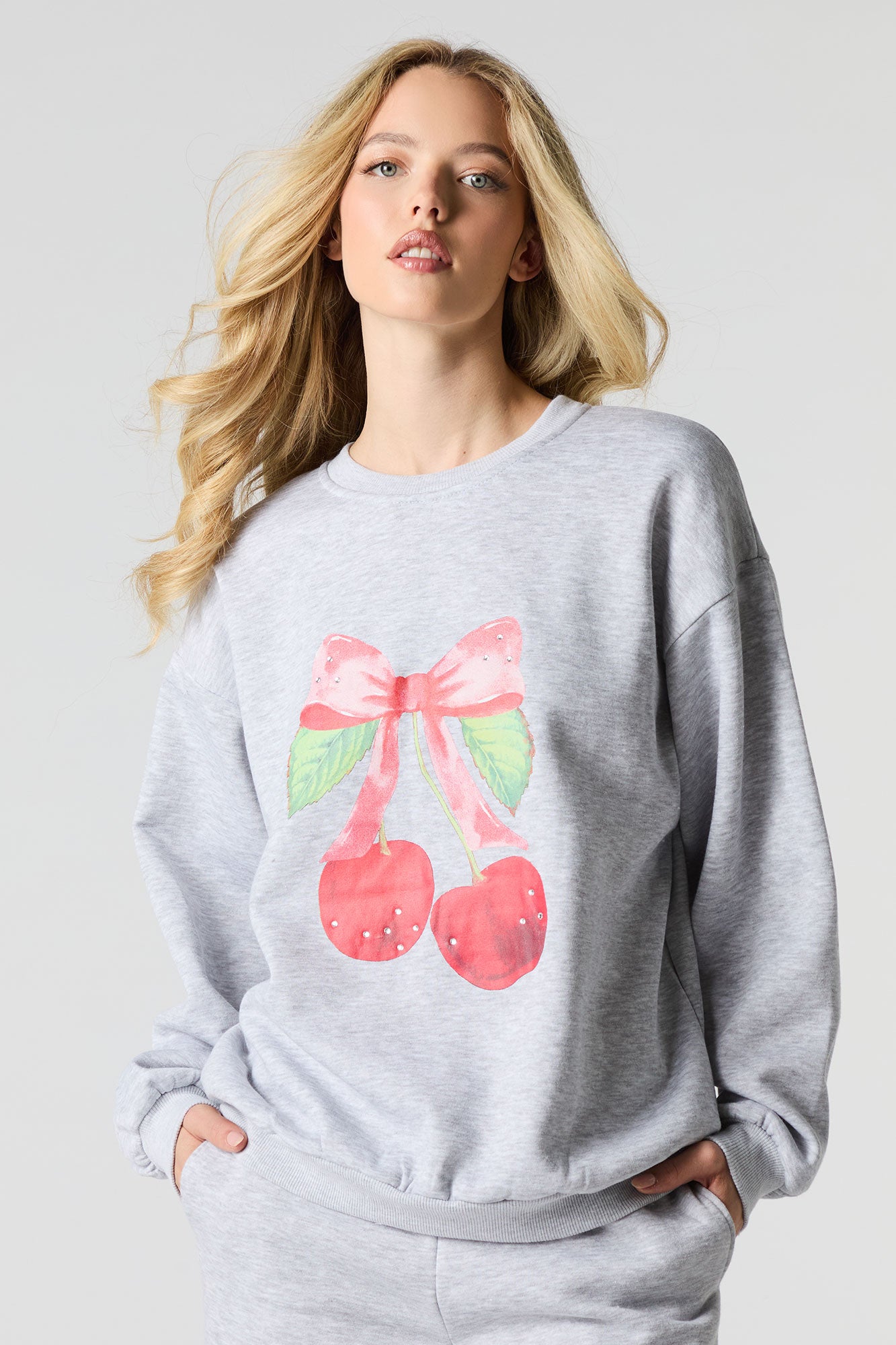 Oversized Cutesy Graphic Rhinestone Fleece Sweatshirt