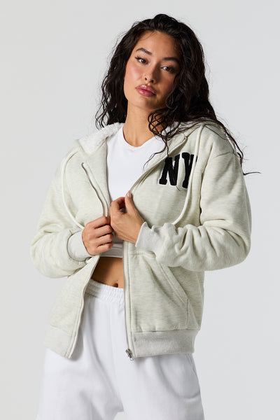 New York Chenille Embroidered Zip-Up Hoodie - Light Grey / L/G