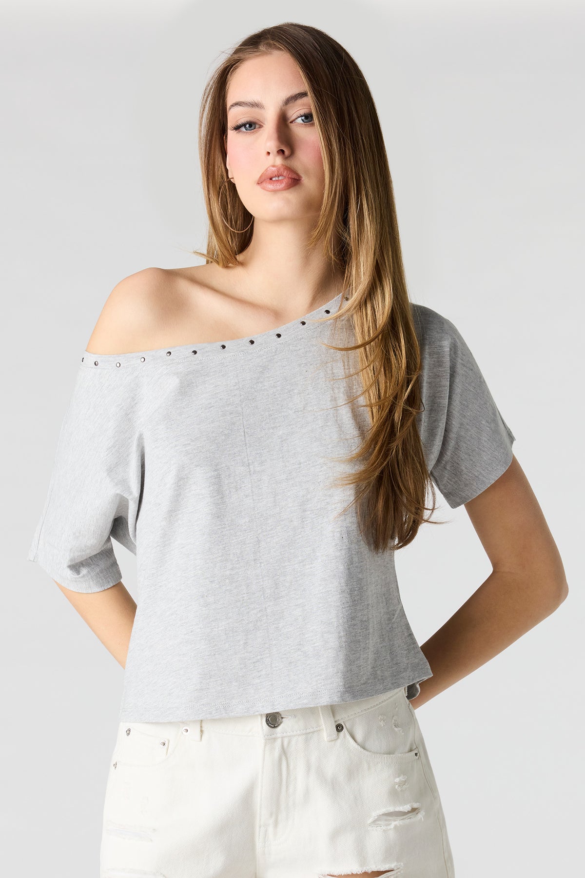 Studded Off-Shoulder Top - Light Grey