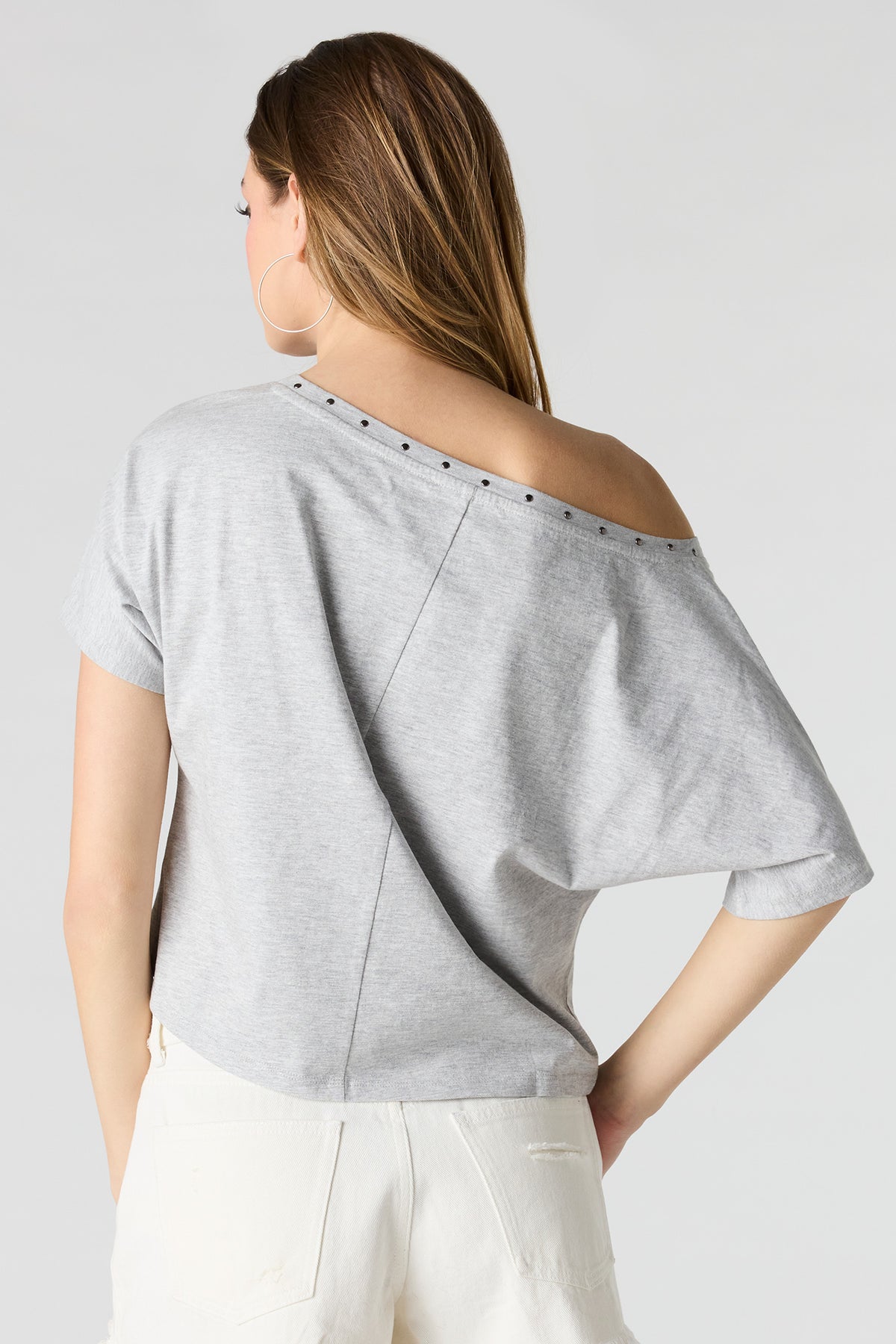 Alt View 2. Studded Off-Shoulder Top - Light Grey