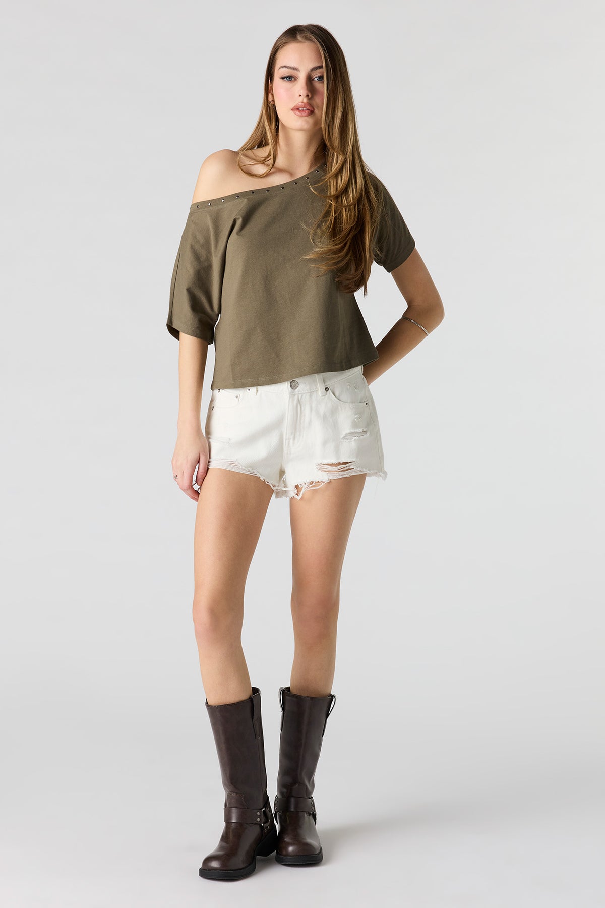 Alt View 3. Studded Off-Shoulder Top - Dark Green