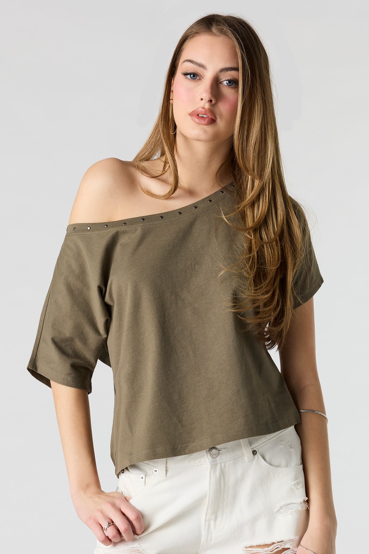 Alt View 4. Studded Off-Shoulder Top - Dark Green