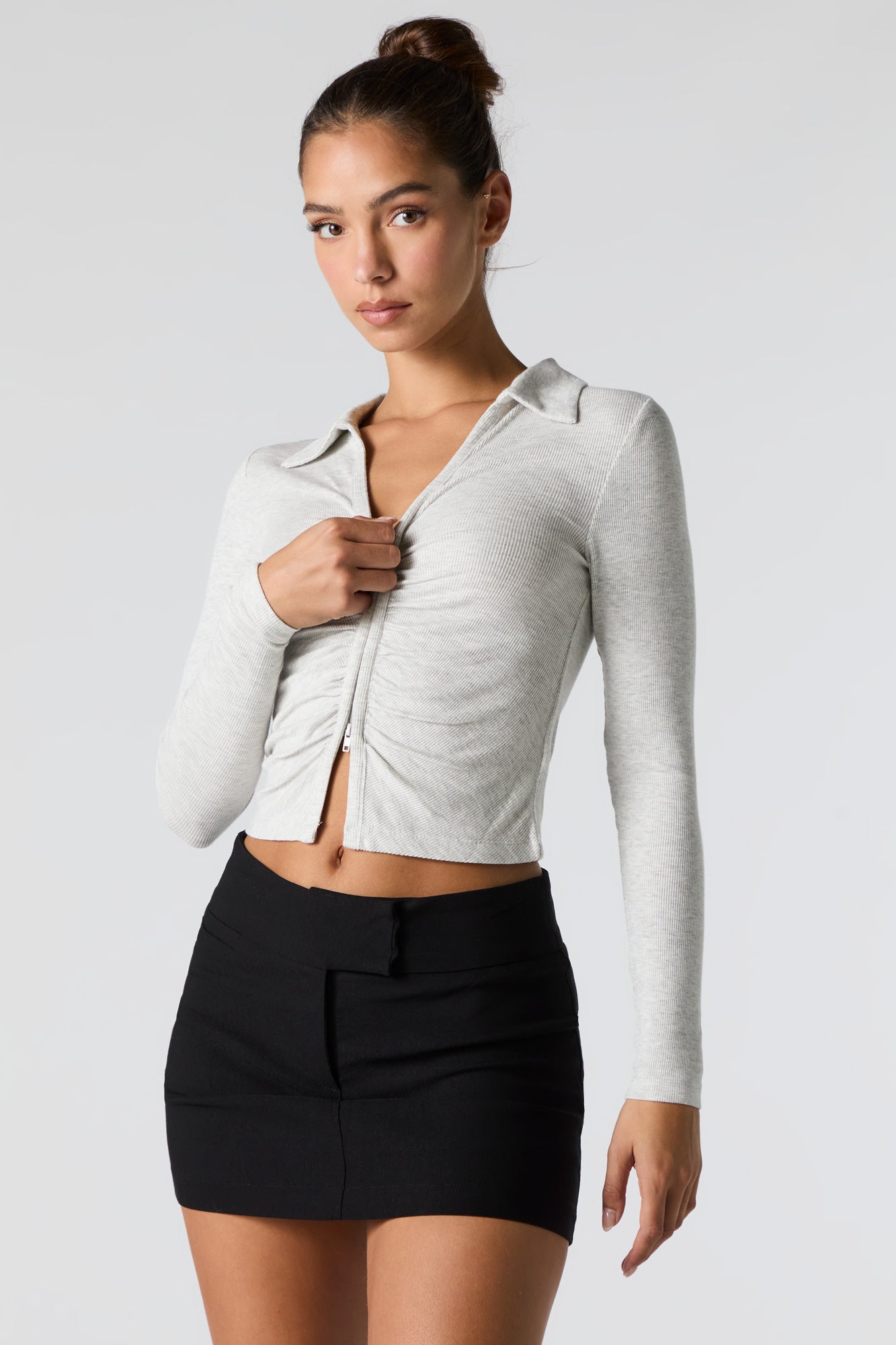 Ribbed Zip Front Collared Long Sleeve Top