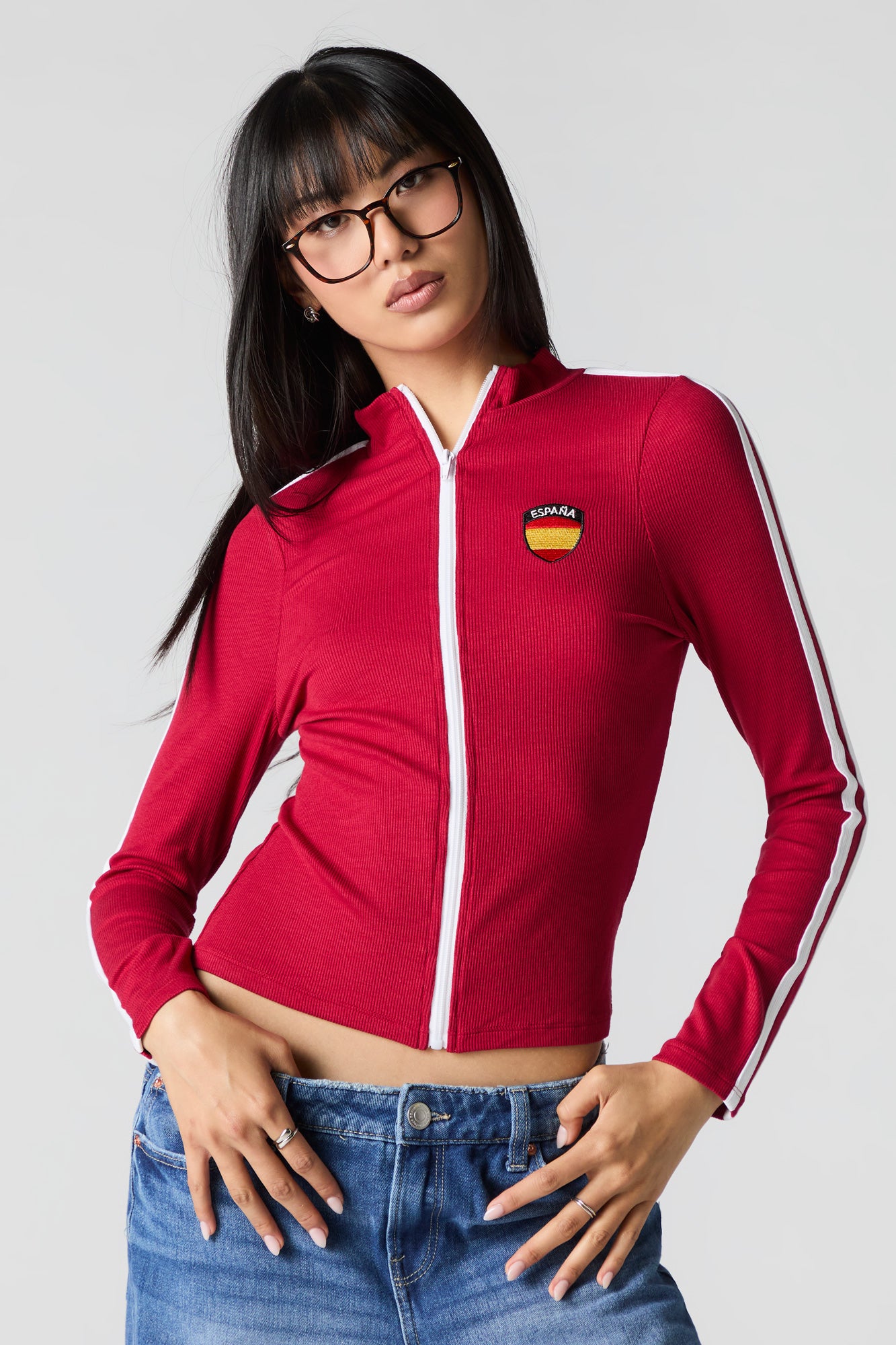 Embroidered Ribbed Zip-Up Sporty Top