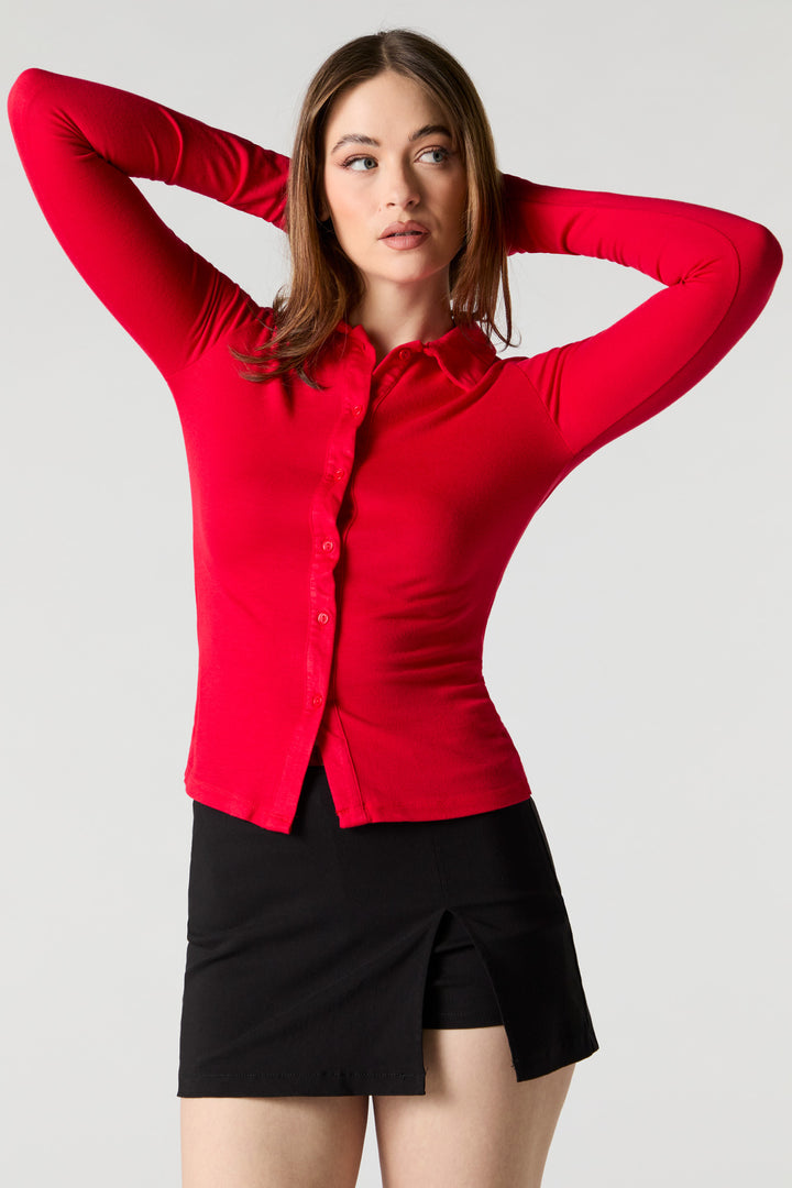 Ribbed Button-Up Front Collared Top