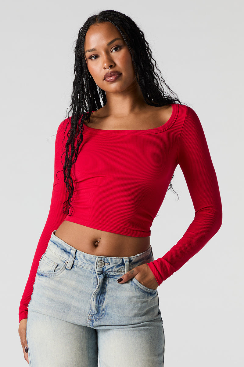 Seamless Ribbed Scoop Neck Long Sleeve Top