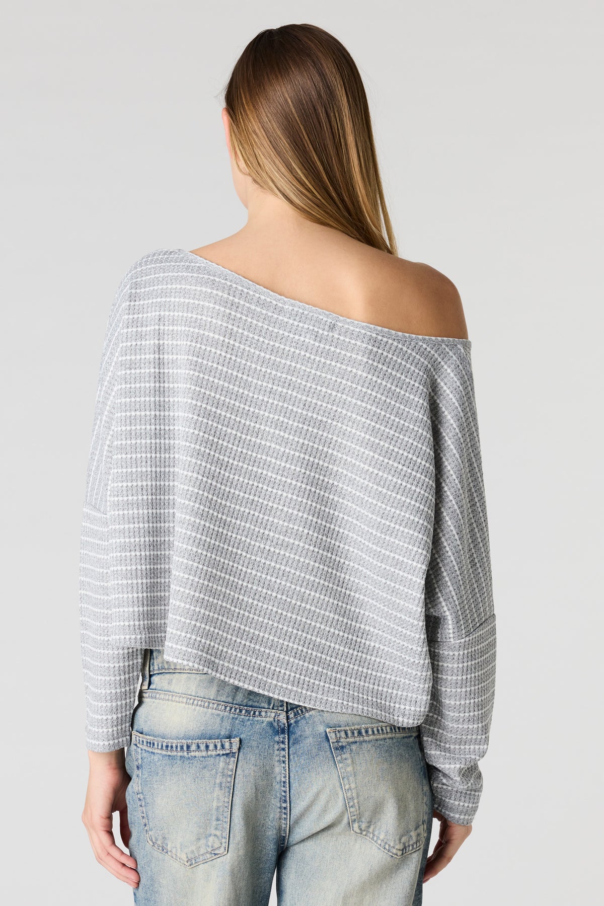 Alt View 2. Textured Striped Off Shoulder Long Sleeve Top - Heather Grey
