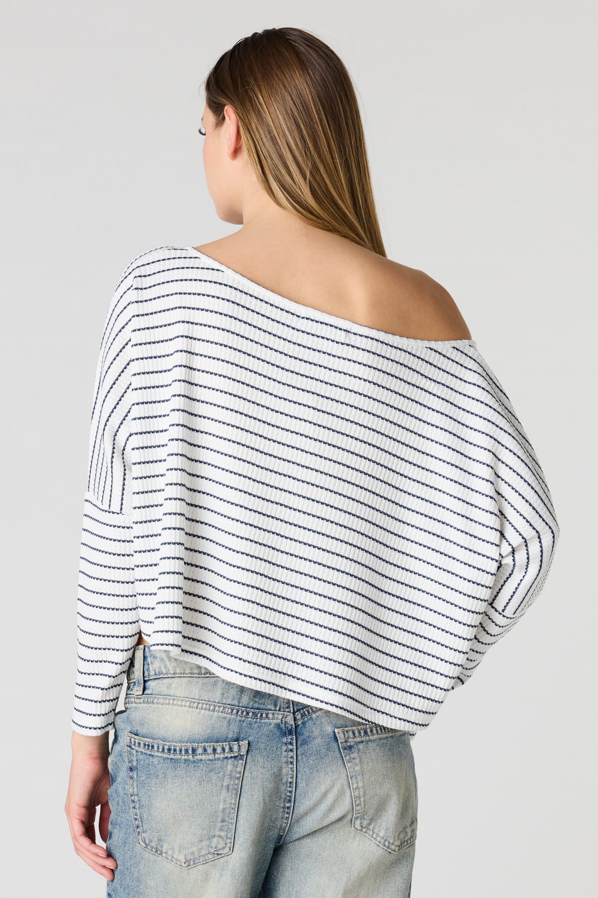 Alt View 2. Textured Striped Off Shoulder Long Sleeve Top - White