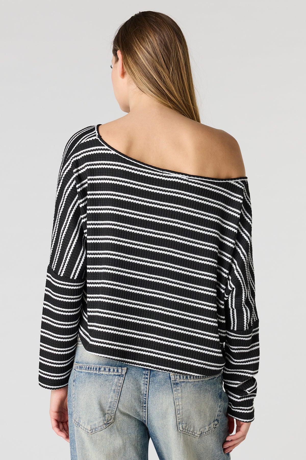 Alt View 2. Textured Striped Off Shoulder Long Sleeve Top - Black with White