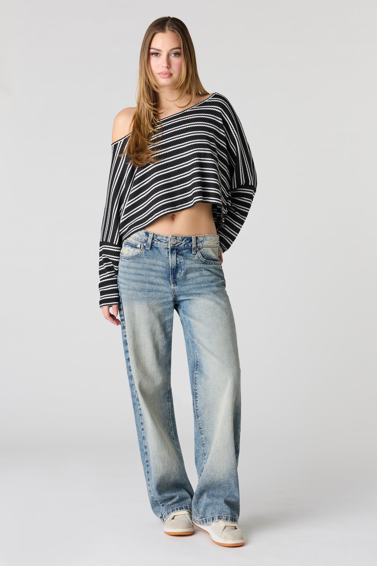 Alt View 3. Textured Striped Off Shoulder Long Sleeve Top - Black with White
