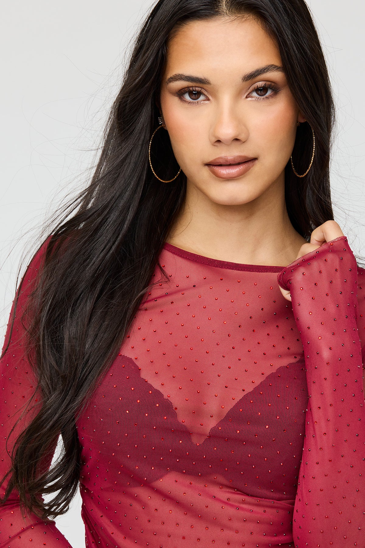 Alt View 4. Rhinestone Mesh Long Sleeve Top - Dark Red