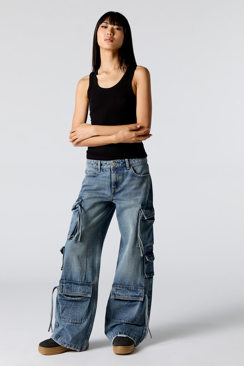 Multi Drawstring Wide Leg Cargo Jean