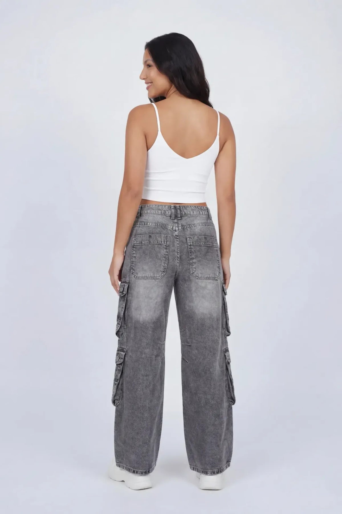 Alt View 3. Low Rise Wide Leg Cargo Jean - Charcoal