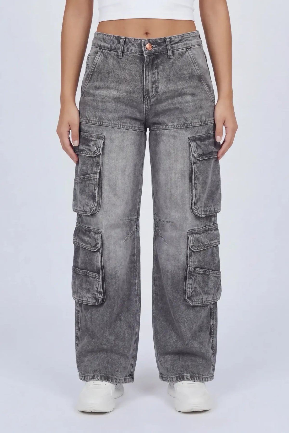 Alt View 2. Low Rise Wide Leg Cargo Jean - Charcoal