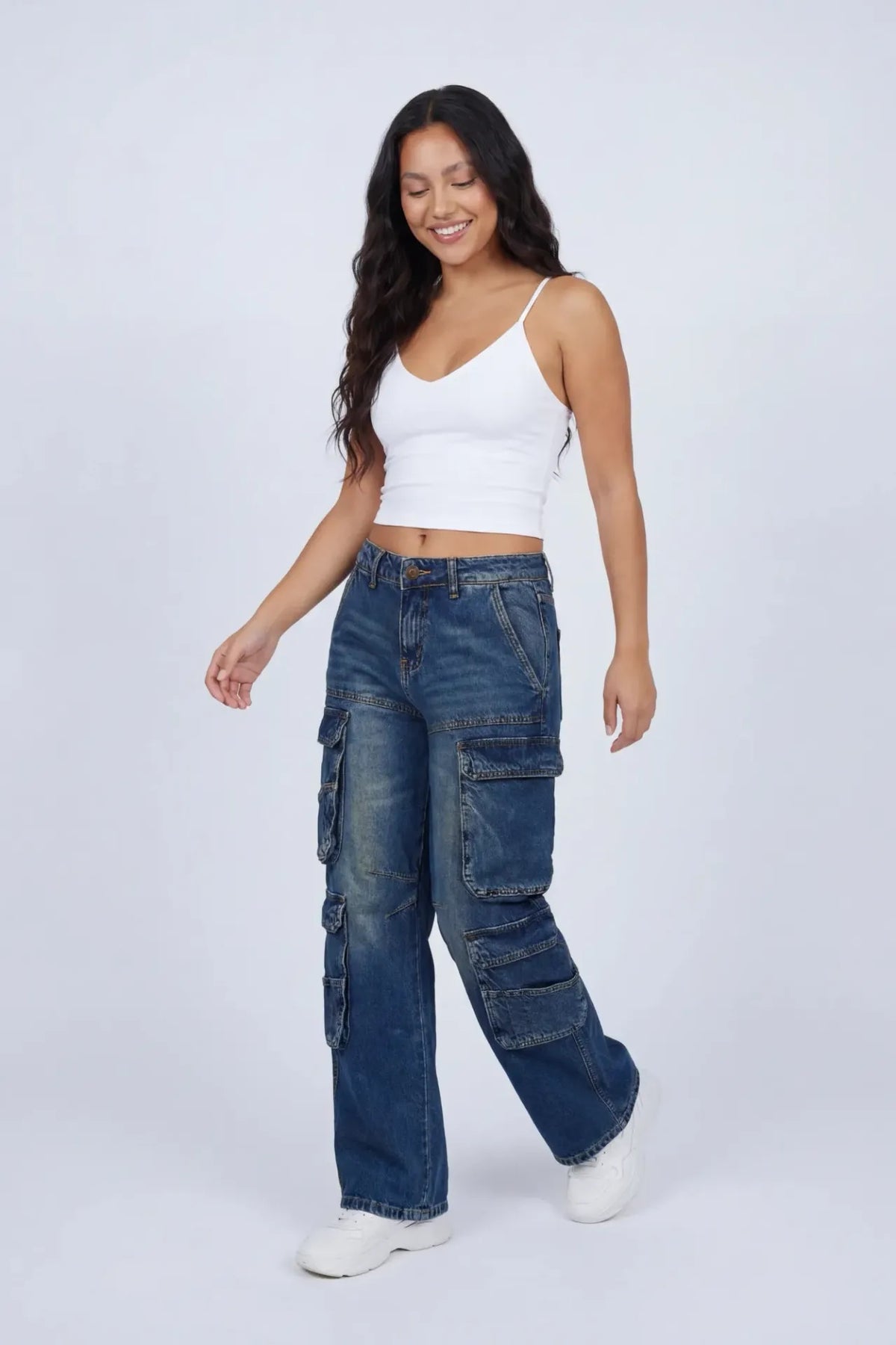Low Rise Wide Leg Cargo Jean - Midnight Blue
