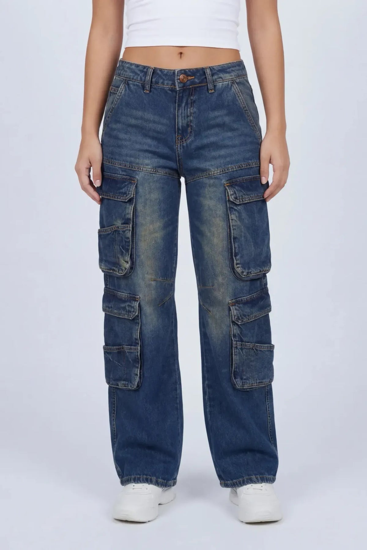 Alt View 2. Low Rise Wide Leg Cargo Jean - Midnight Blue