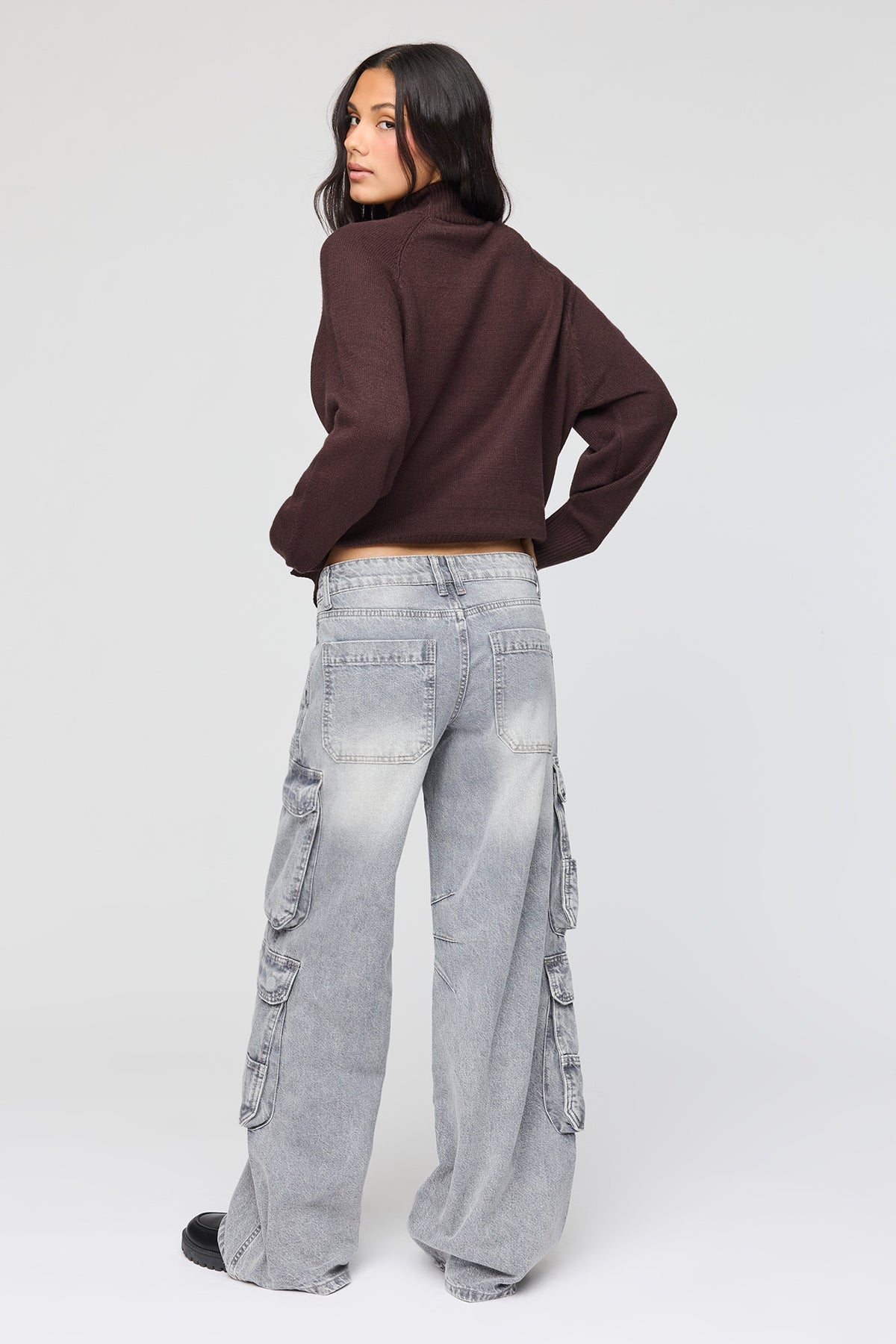 Alt View 3. Low Rise Cargo Jean - Charcoal