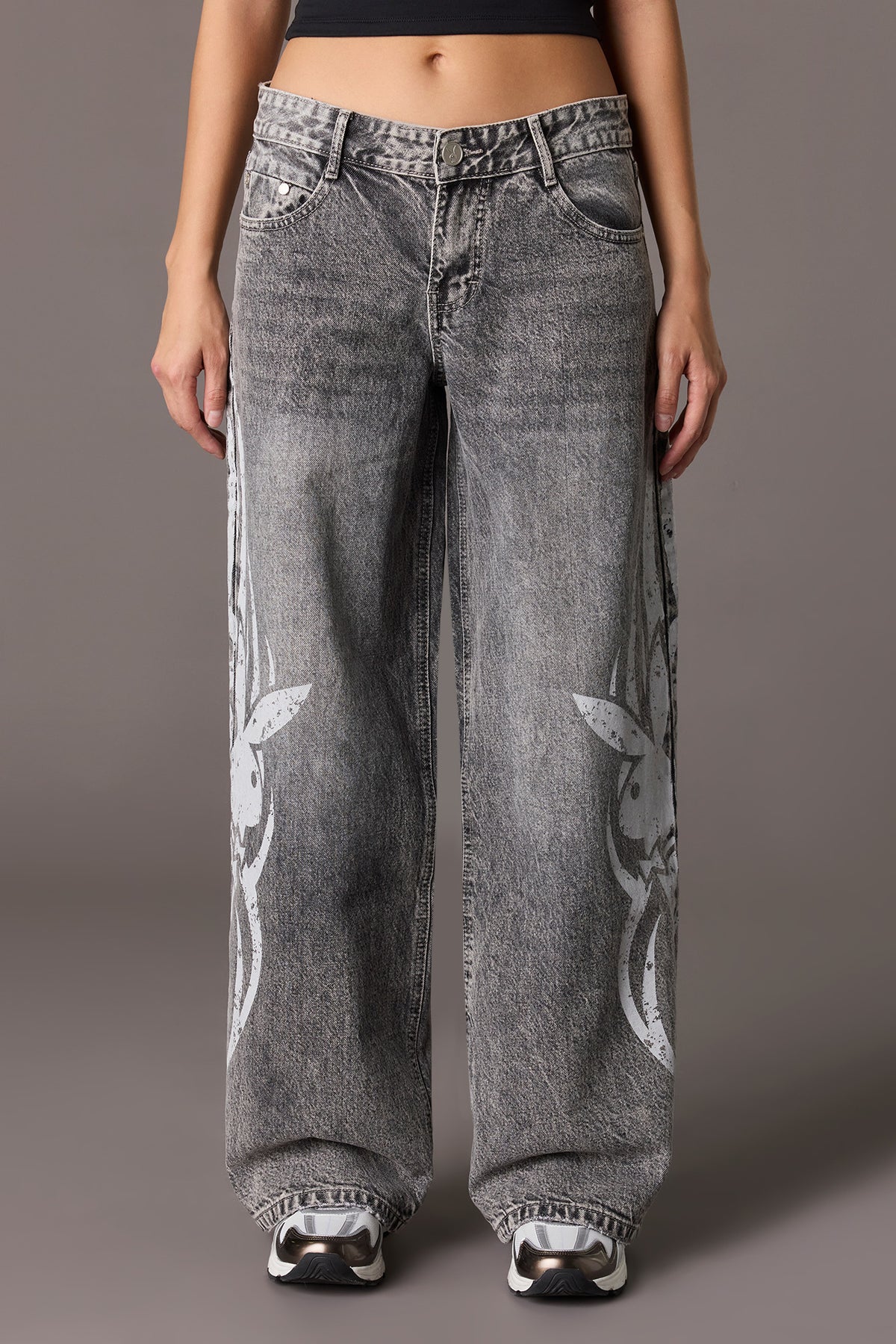 Alt View 2. Playboy Graphic Low Rise Super Baggy Jean - Charcoal