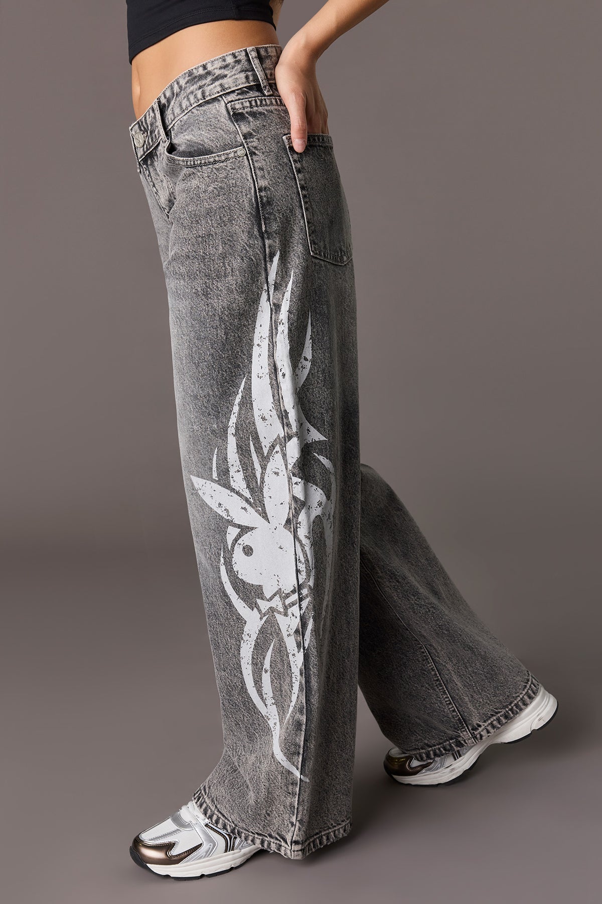 Alt View 4. Playboy Graphic Low Rise Super Baggy Jean - Charcoal