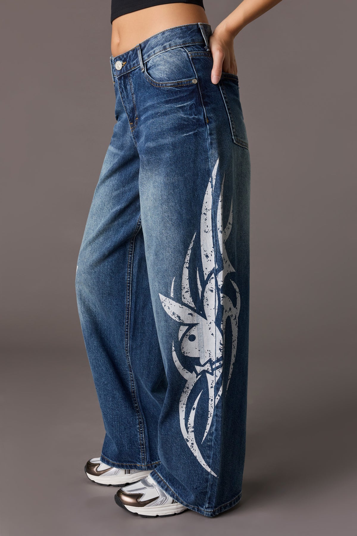 Alt View 4. Playboy Graphic Low Rise Super Baggy Jean - Pacific Blue