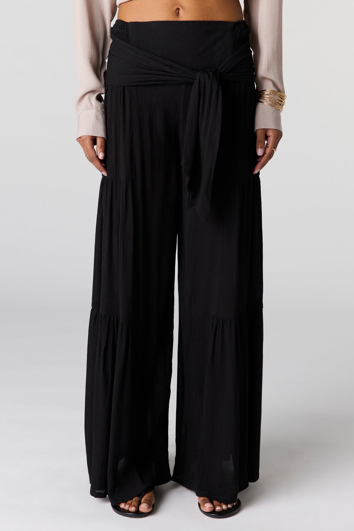 Alt View 2. Tie Waist Tiered Palazzo Pant - Black